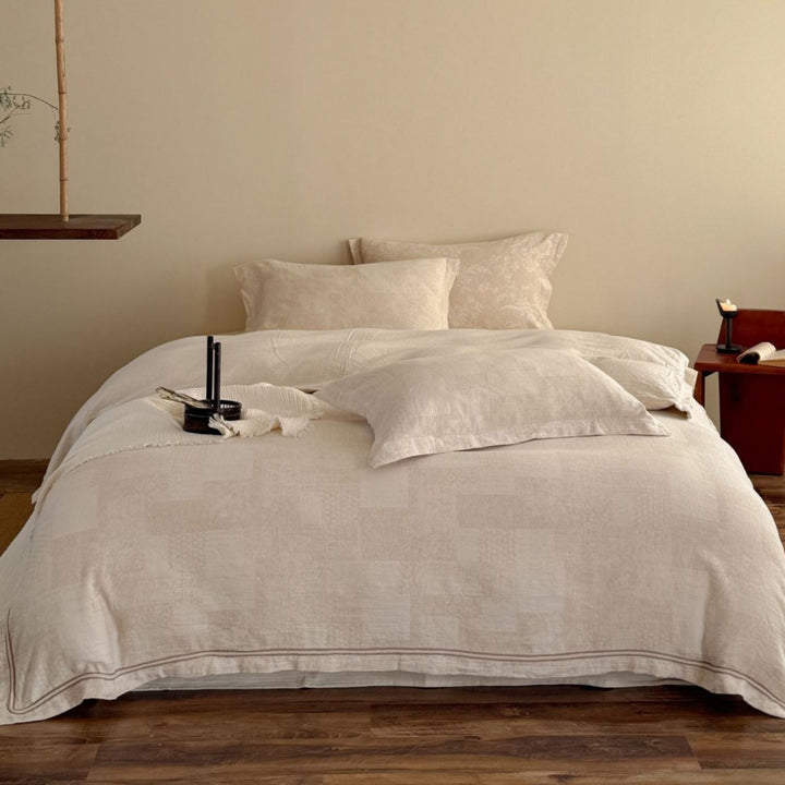 Washed French-Linen Feel Patchwork Duvet Cover Set with Subtle Jacquard Texture and Envelope Closure