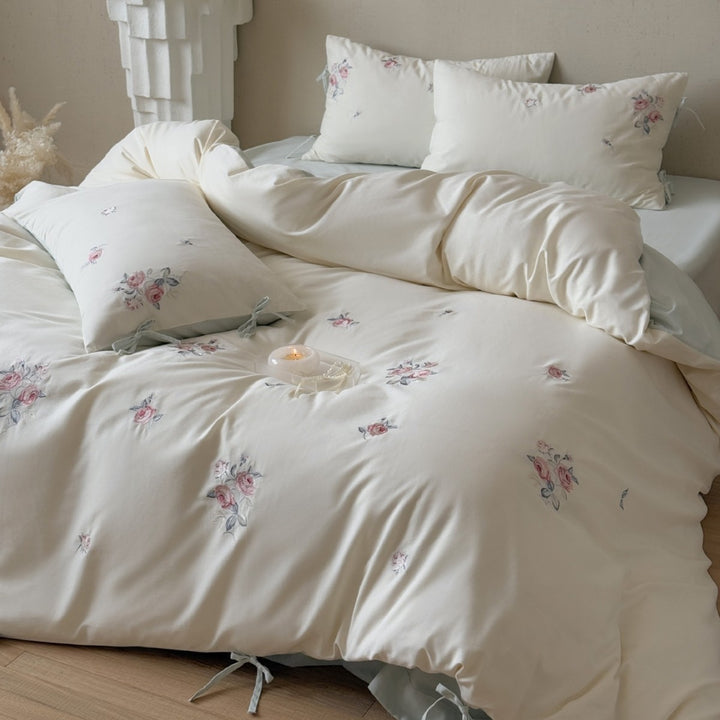 Embroidered Cotton Sateen Reversible Duvet Cover Set with Interior Ties & Matching Pillowcases