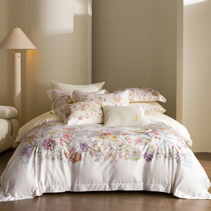 Floral Embroidered Cotton Sateen Duvet Cover Set with Reversible Pillowcases