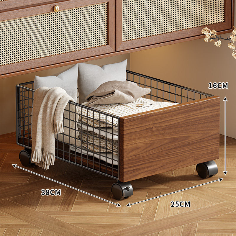 Underbed Rolling Wire Storage Drawer with Wooden Front and Locking Casters