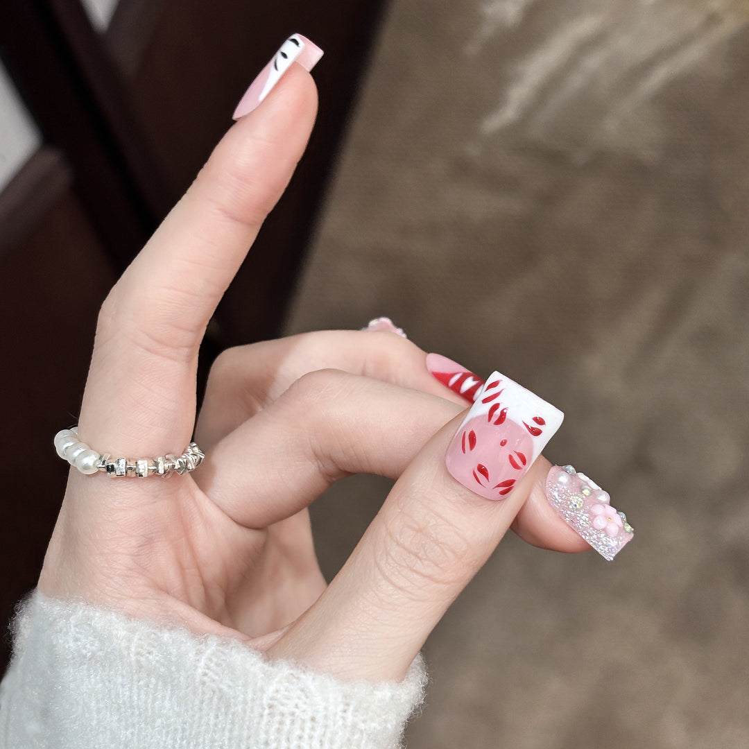Artistic Press-On Nail Set with Floral and Charms