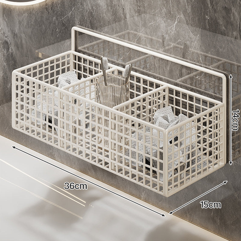 Wall-Mounted Metal Grid Bathroom Caddy with Triple Compartments Hooks and Drainable Base