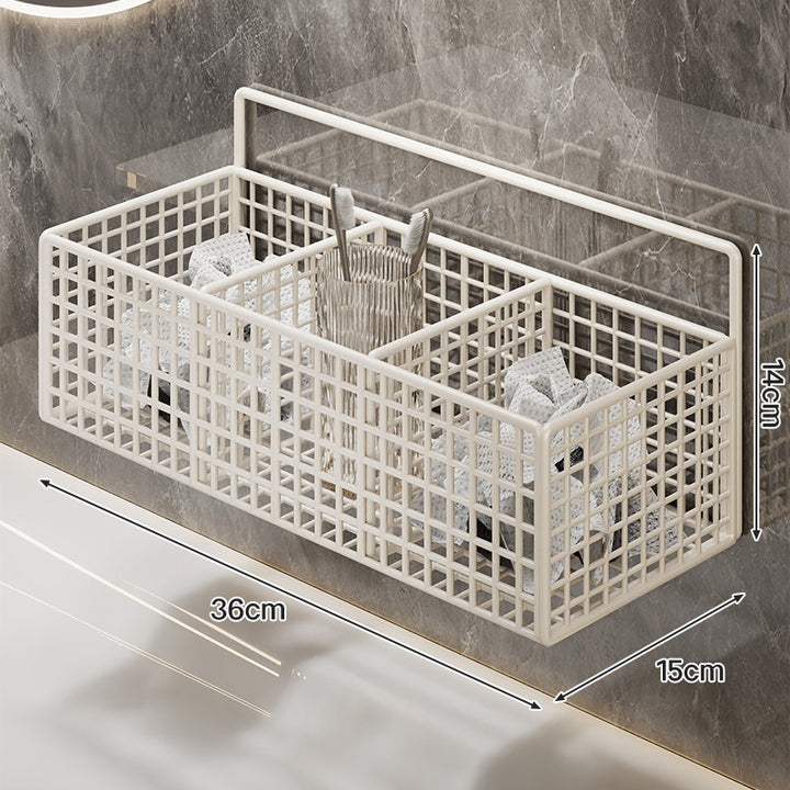 Wall-Mounted Metal Grid Bathroom Caddy with Triple Compartments Hooks and Drainable Base