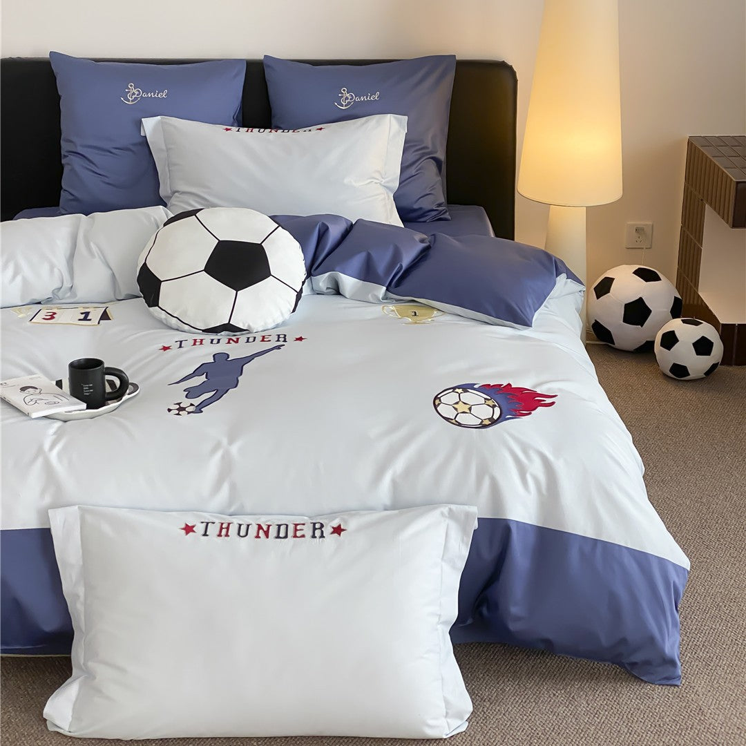 Soccer-Themed Cotton Sateen Duvet Cover Set with Embroidered Player Motif and Pillow Shams