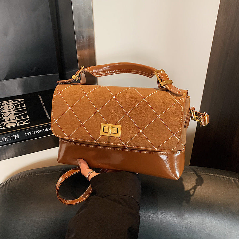Quilted Suede and Glossy Leather Handheld Satchel