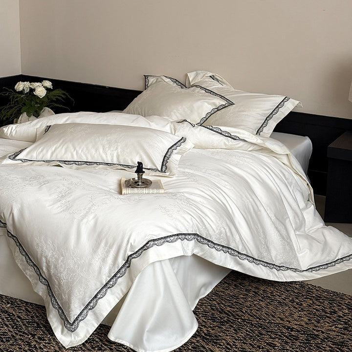 Jacquard cotton satin bedding set with fine lace trim