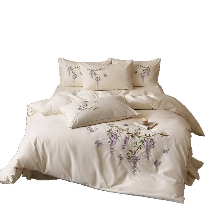 Embroidered Wisteria Cotton Sateen Duvet Cover Set with Piped Pillow Shams
