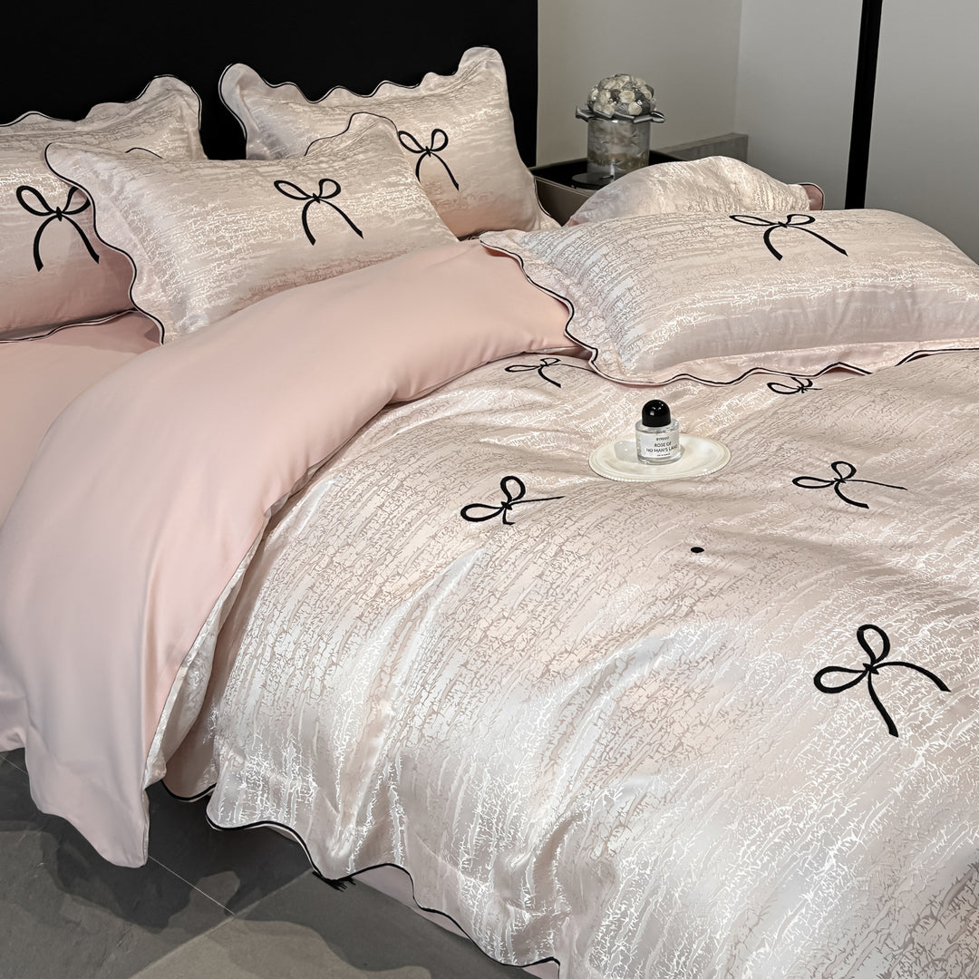 Satin-Weave Embroidered Bow Duvet Cover and Shams Set