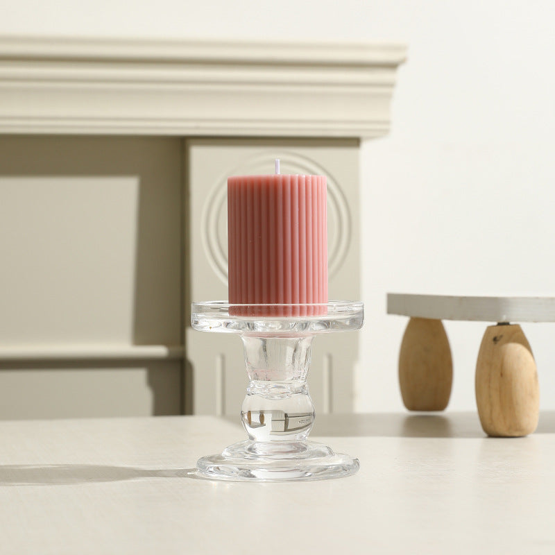Ribbed Column Pillar Candle with Glass Pedestal Holder