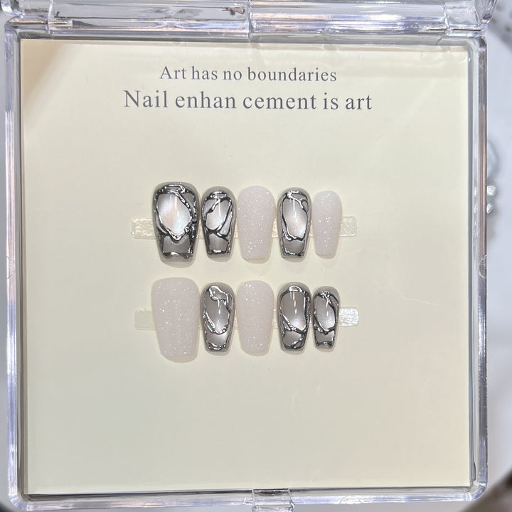 Elegant Acrylic Press-On Nail Art Set with Metallic Design Elements Stornfield