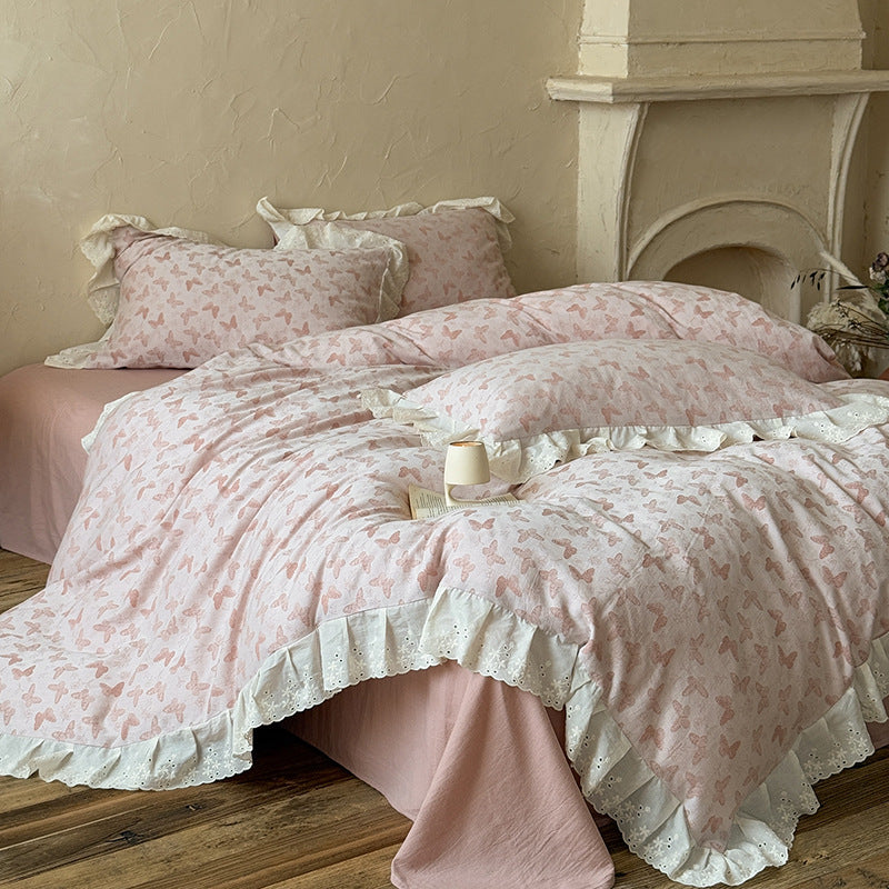 Romantic Cotton Sateen Butterfly-Print Duvet Cover Set with Eyelet Ruffle