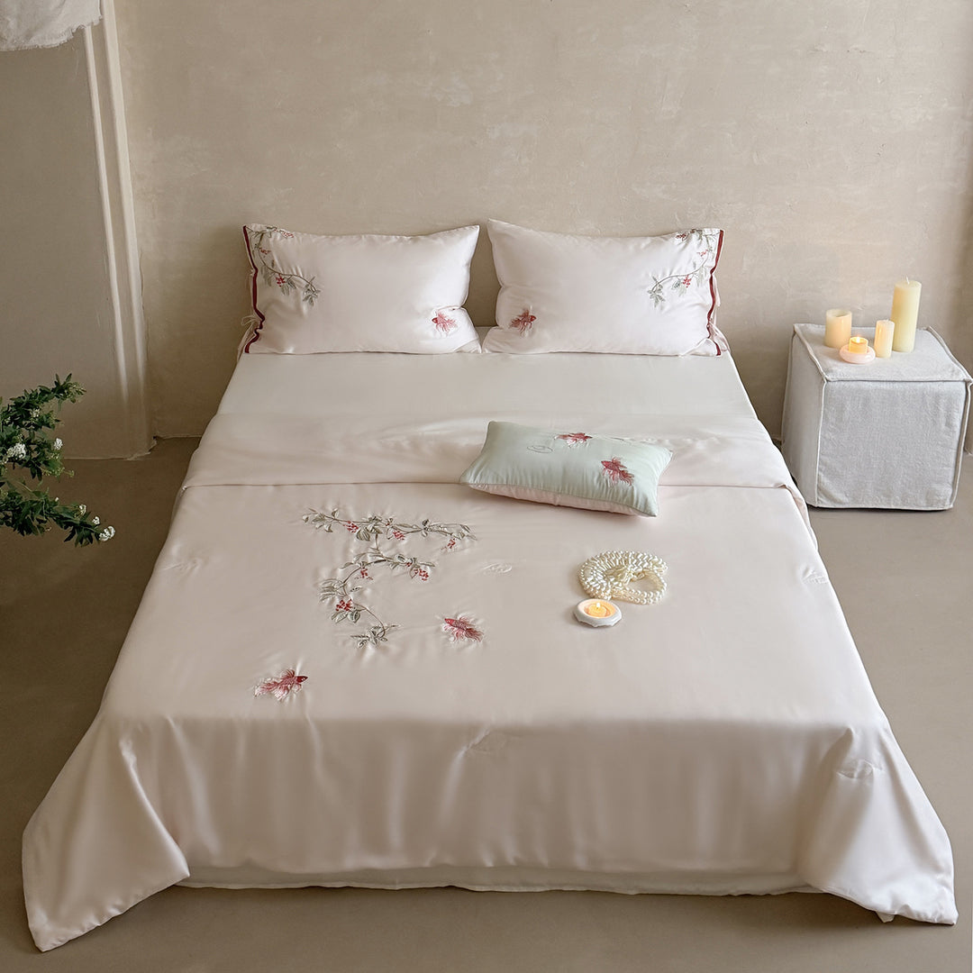 Embroidered satin bedding set with floral decorative embroidery and silky-soft feel Stornfield