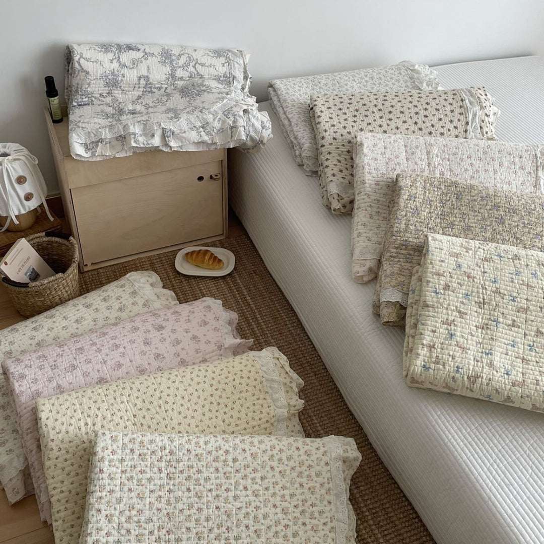 Quilted Ruffled Floral Cotton Coverlet Bedspread Set with Lace-Trim Pillow Shams