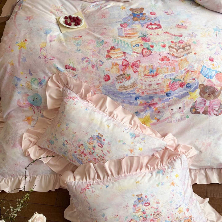 Ruffled Illustrated Duvet Cover Set with Decorative Frilled Shams