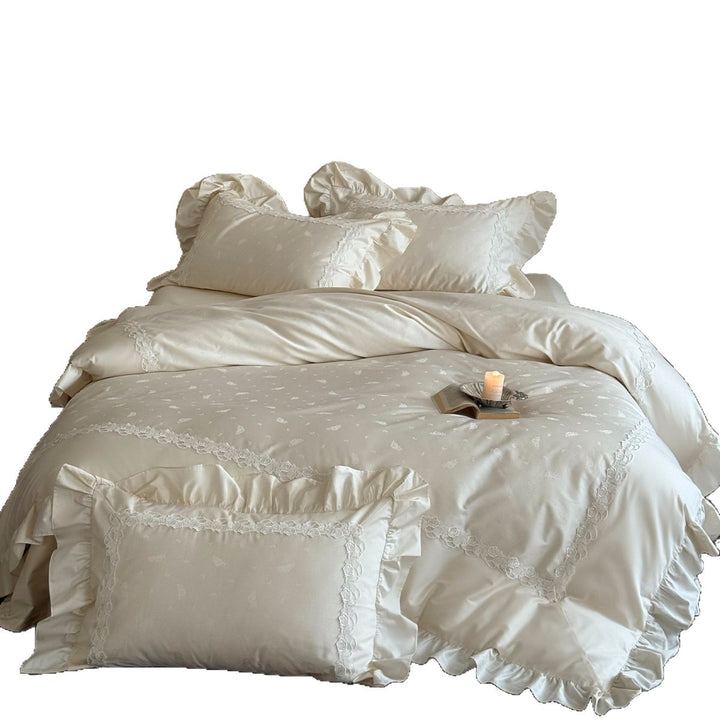 Ruffled Satin-Feel Duvet Cover Set with Delicate Rose Lace Border and Frilled Pillow Shams