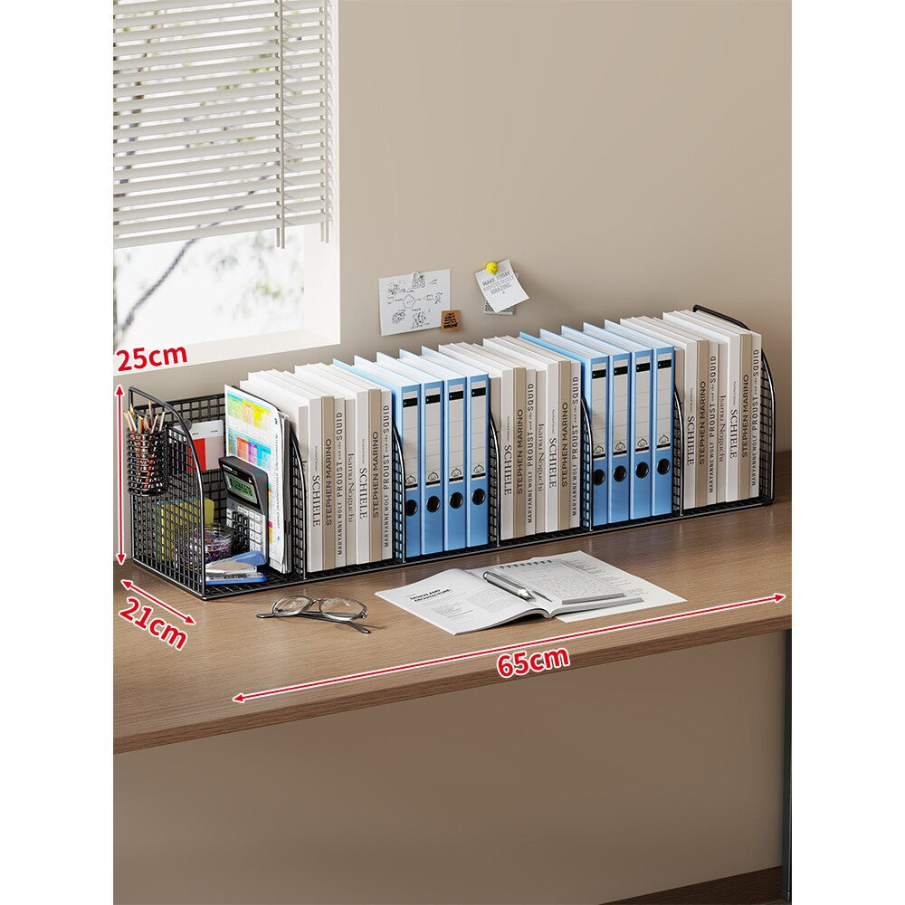 Long Multi-Slot Desktop File and Binder Organizer with Pen and Accessory Holder