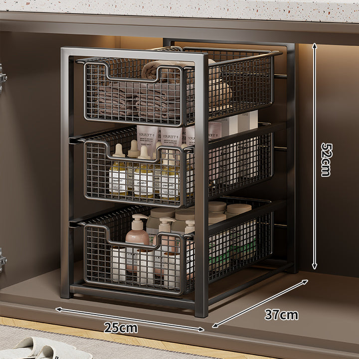 Under-Cabinet Sliding Three-Tier Mesh Basket Organizer with Removable Bins