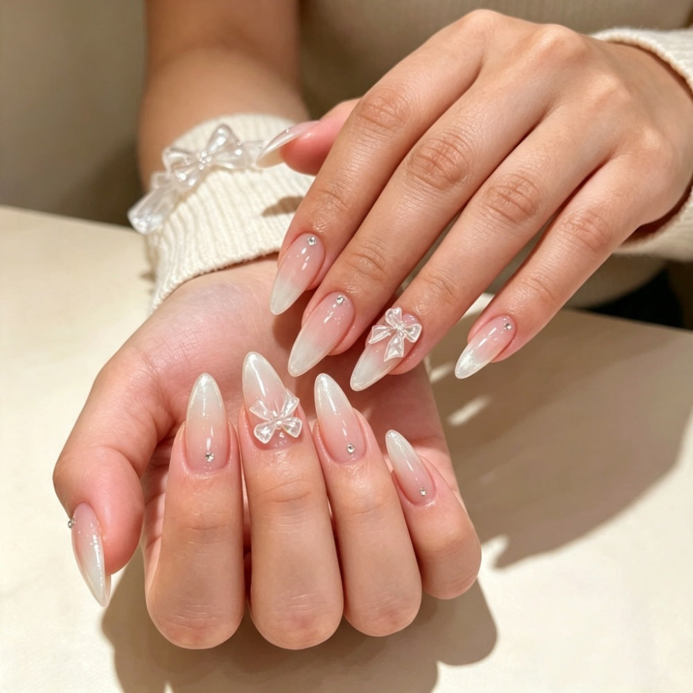 Elegant Press-On Nail Set with Decorative Bow and Gem Accents Stornfield