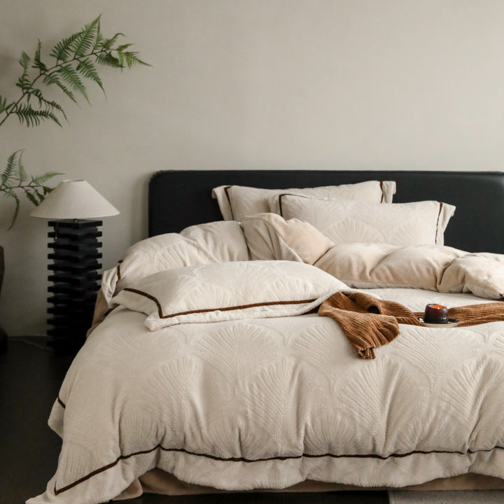 Quilted Microfiber Duvet Cover Set with Piped Shams and Embossed Leaf Texture
