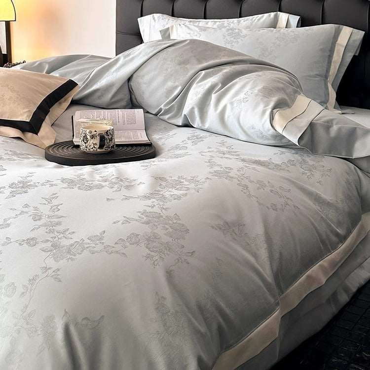 Satin Jacquard Duvet Cover Set with Contrast Border and Floral Motif