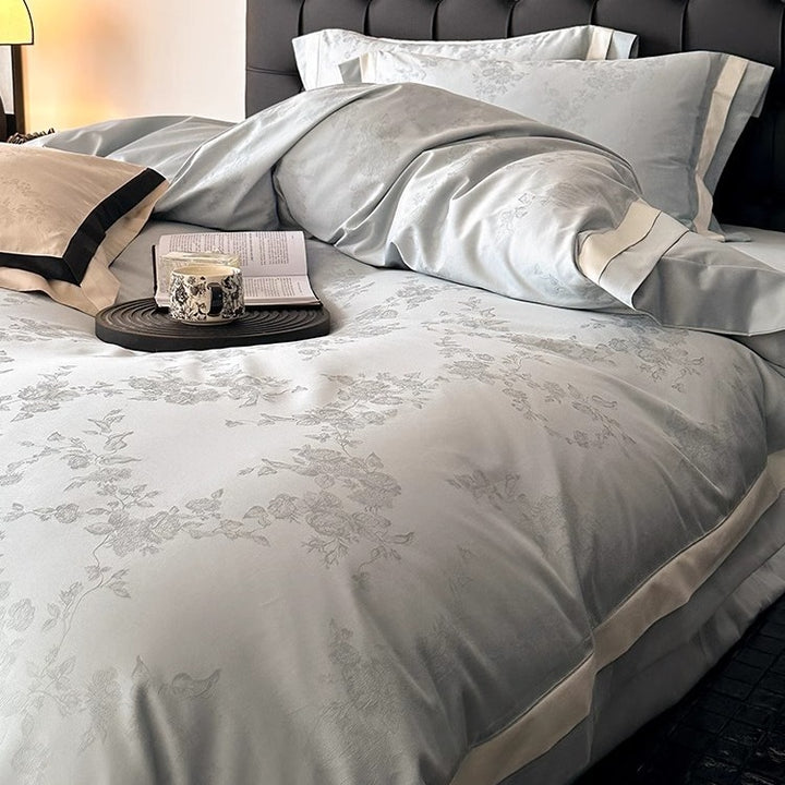 Satin Jacquard Duvet Cover Set with Contrast Border and Floral Motif