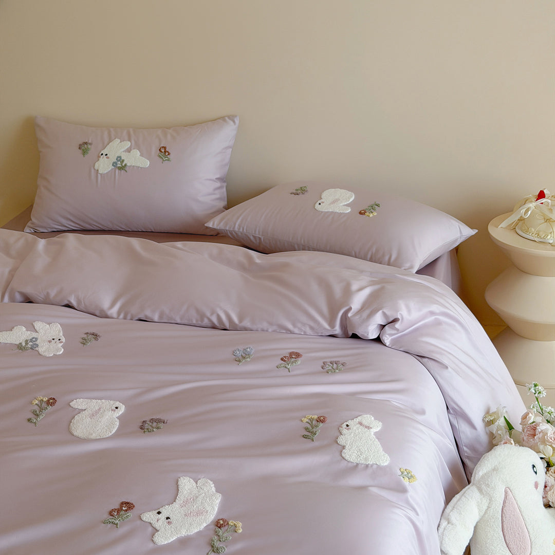 Luxe Embroidered Bunny Cotton Bedding Set with Duvet Cover and Pillowcases