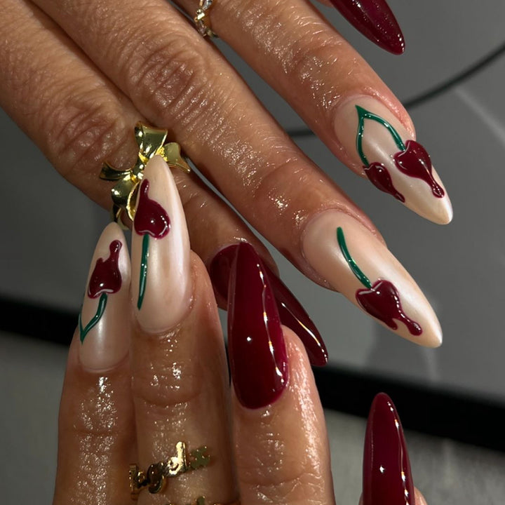 Artistic Press-On Nail Extensions with Cherry Design Stornfield