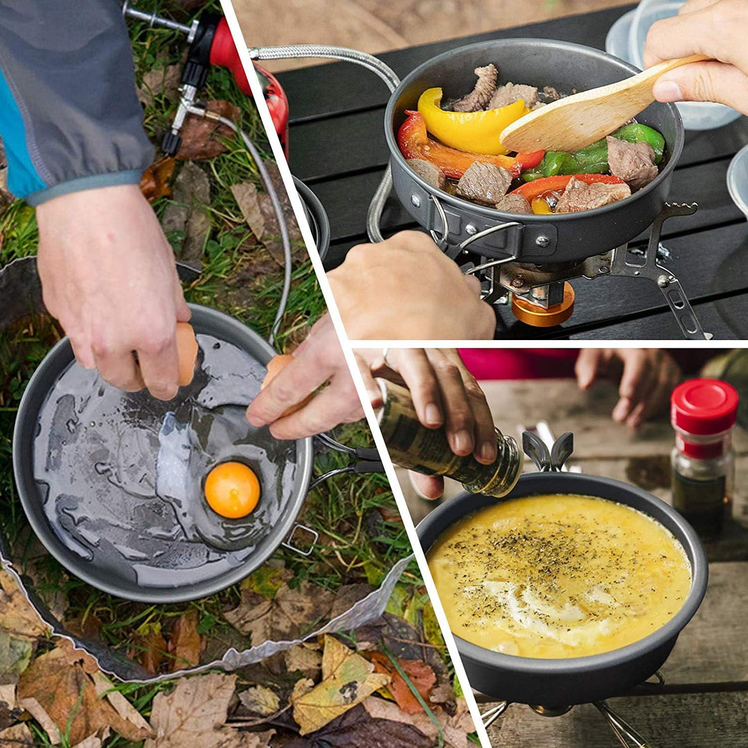 lightweight non-stick nesting camping cookware set with folding handles compact kettle pot pan and folding cutlery Stornfield