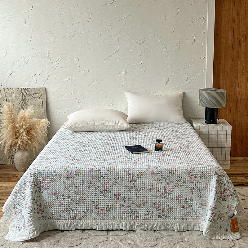 Quilted Bedspread Coverlet with Ruffled Edge and Mini Floral Print