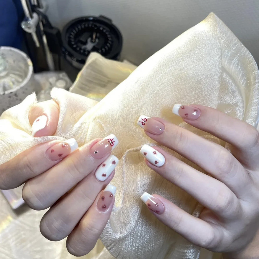 Decorative Press-On Nail Set with Heart and Bow Designs