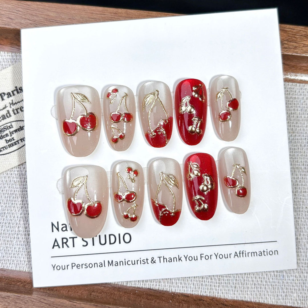 Cherry-Themed Press-On Nail Art Set