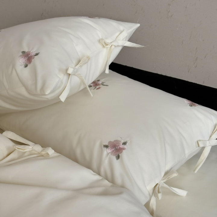 Embroidered Cotton Sateen Duvet Cover Set with Tie Closures and Scattered Floral Motif