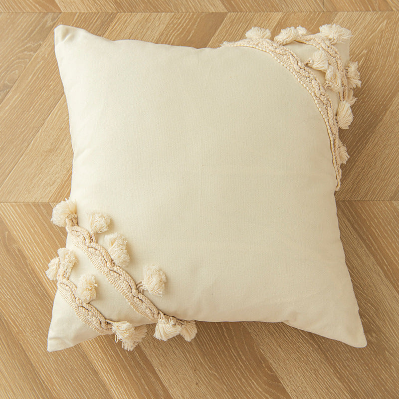 Decorative Tassel-Trim Square Throw Pillow with Pom-Pom Rows and Braided Cotton Accents