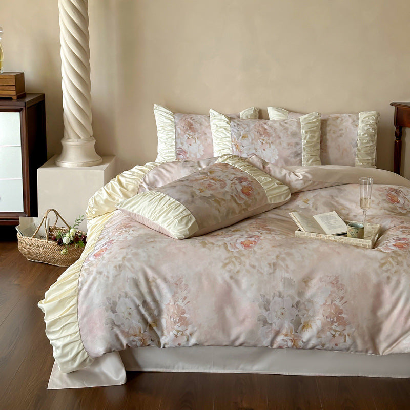 Pastel Watercolor Floral Satin-Trim Ruffled Duvet Cover Set