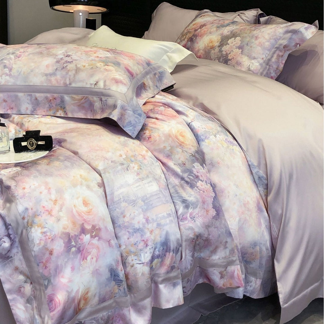 Satin-Feel Watercolor Floral Duvet Cover Set with Pillow Shams