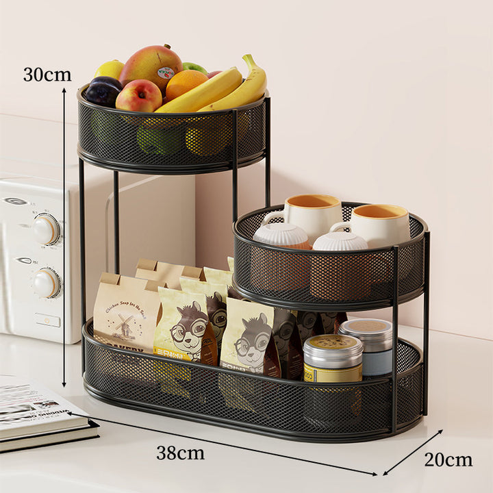 Staggered Three Tier Oval Mesh Countertop Organizer with Raised Circular Baskets