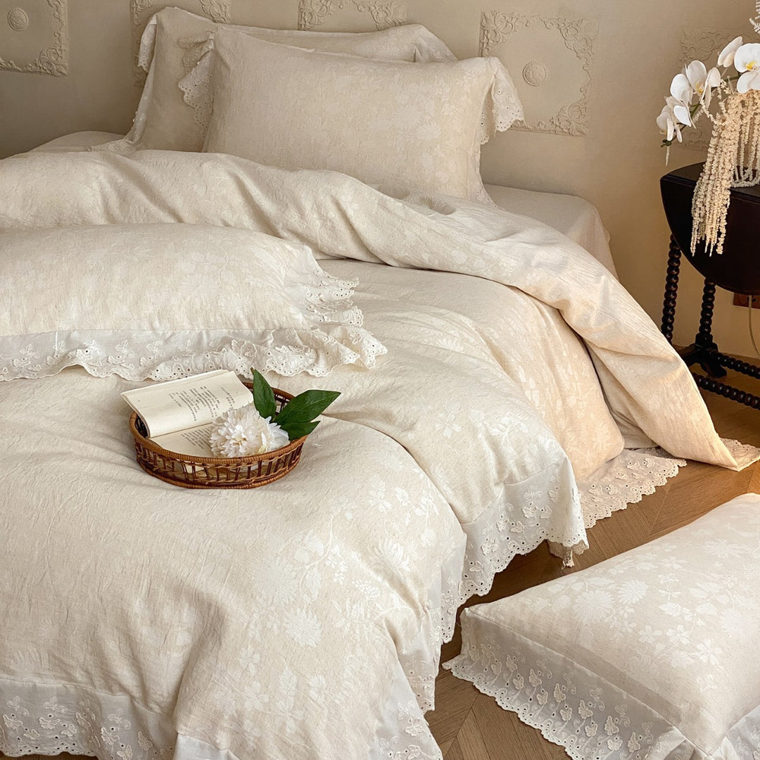 Lace-Trim Floral Jacquard Duvet Cover Set