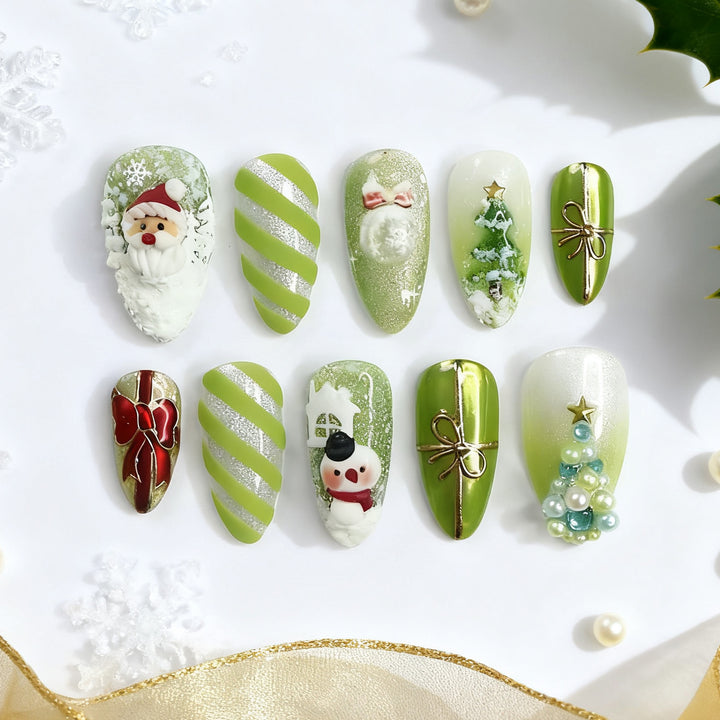 Festive Holiday-Themed Press-On Nail Art Set with Decorative Characters Stornfield