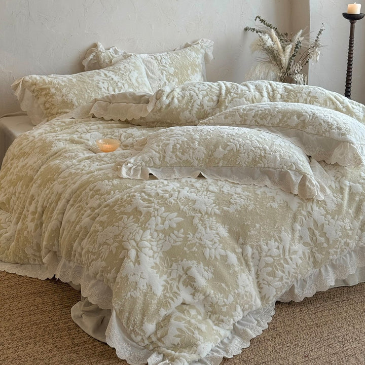 Floral Embossed Plush Jacquard Duvet Cover Set with Scalloped Lace Ruffled Shams