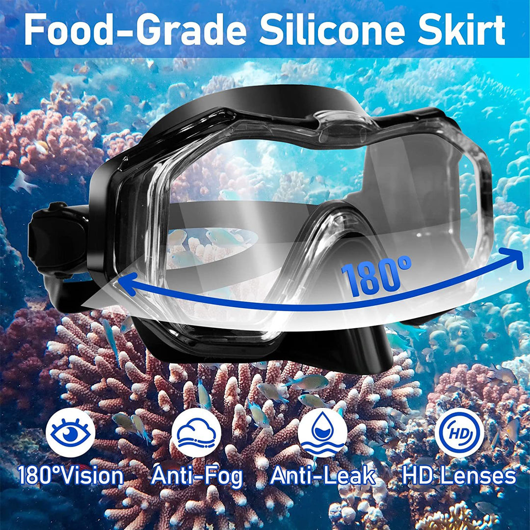 Diving equipment set with ergonomic diving mask and flexible snorkel Stornfield
