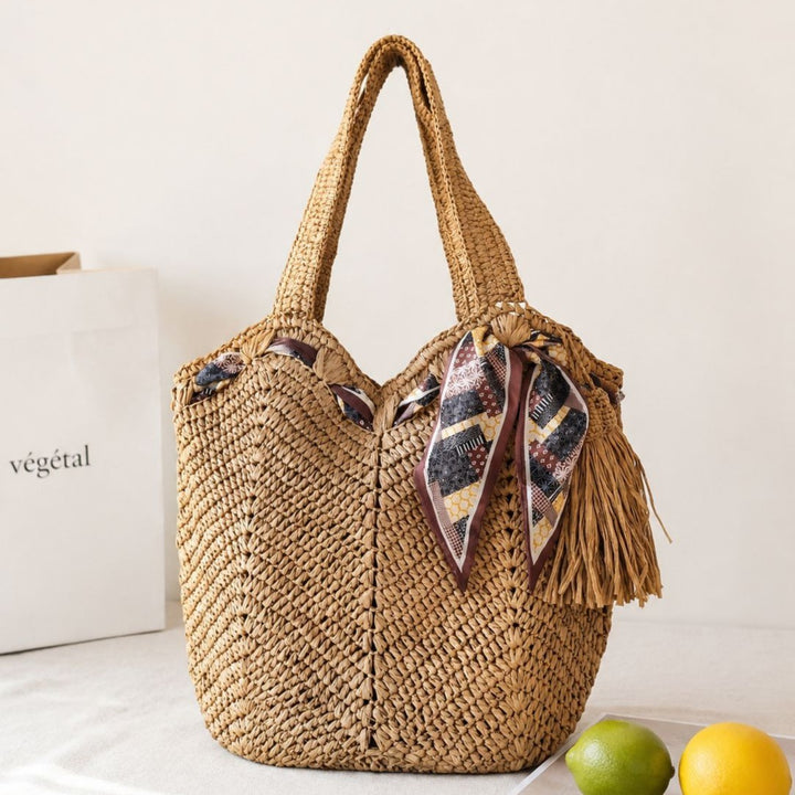 Handmade beach bag with playful pleat and tassels Stornfield