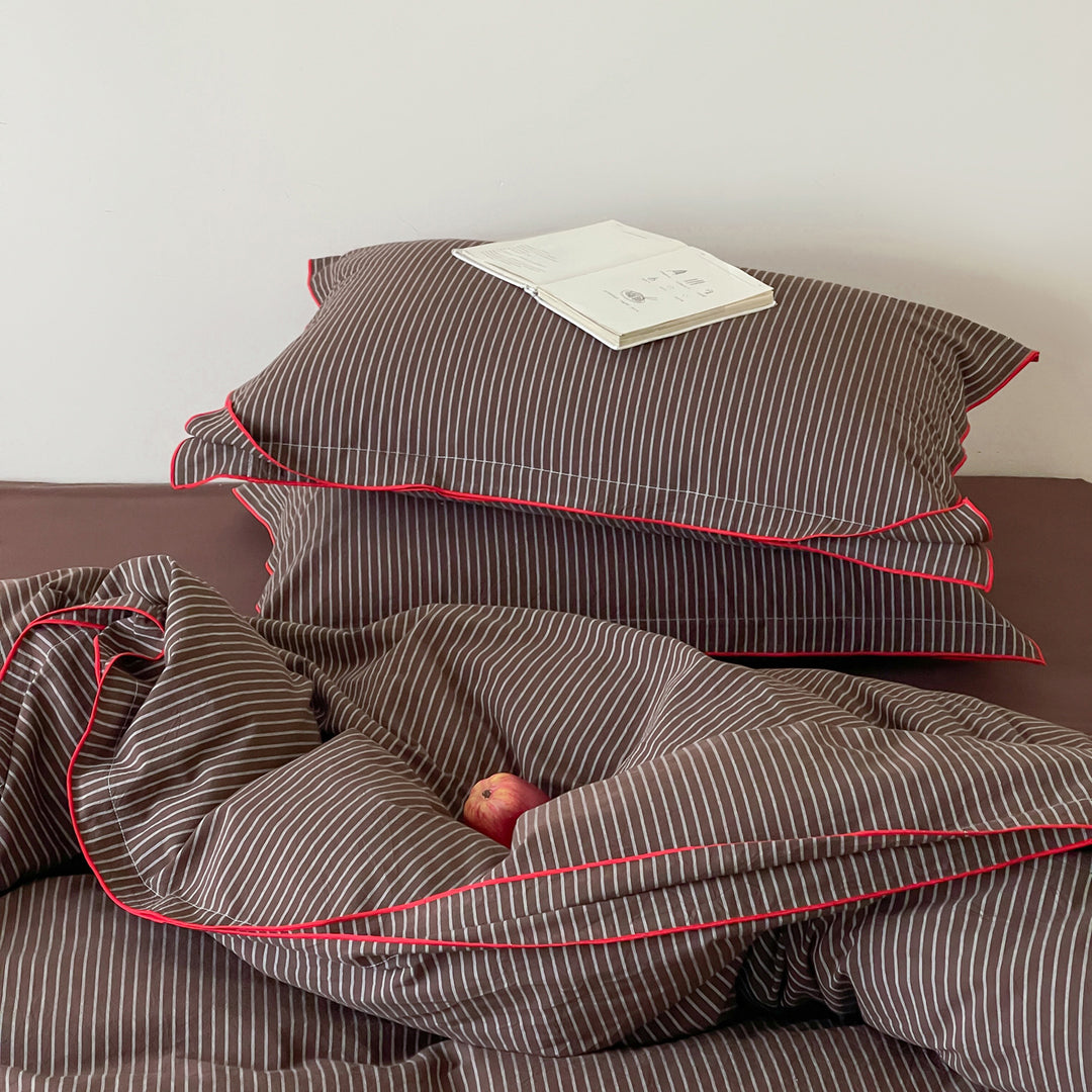 Pinstripe Cotton Sateen Duvet Cover Set with Contrasting Piped Edge