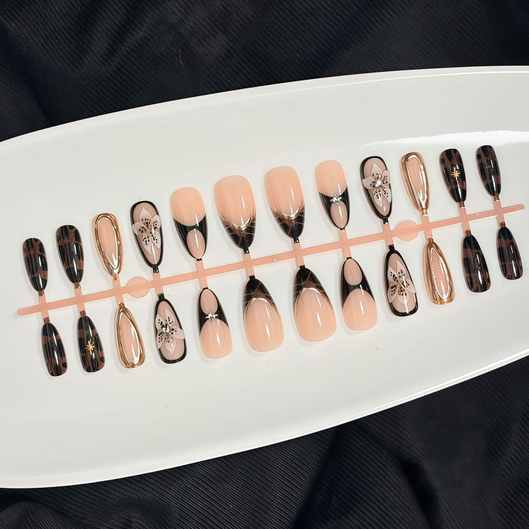 Artistic Press-On Nail Set with Elegant Floral and Abstract Designs Stornfield