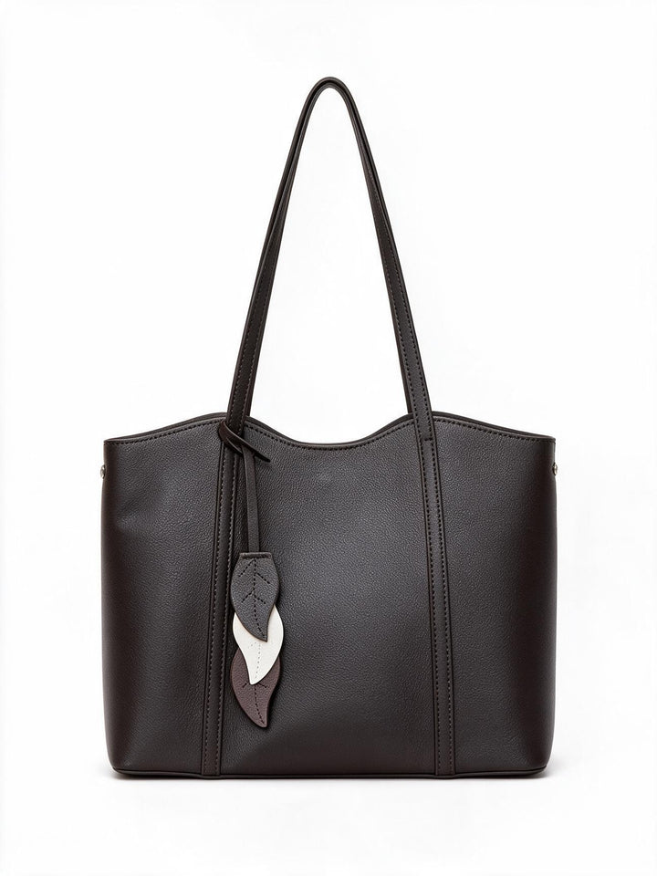Pebbled Vegan Leather Structured Tote with Leaf Charm & Long Shoulder Straps