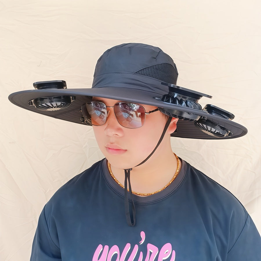 Wide-brimmed sun hat with detachable swivel solar fans and adjustable chin strap Stornfield