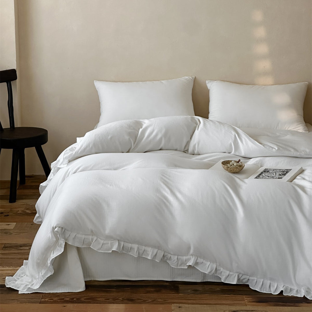 Washed Soft-Touch Ruffled-Hem Cotton-Linen Blend Duvet Cover Set with Hidden Corner Ties