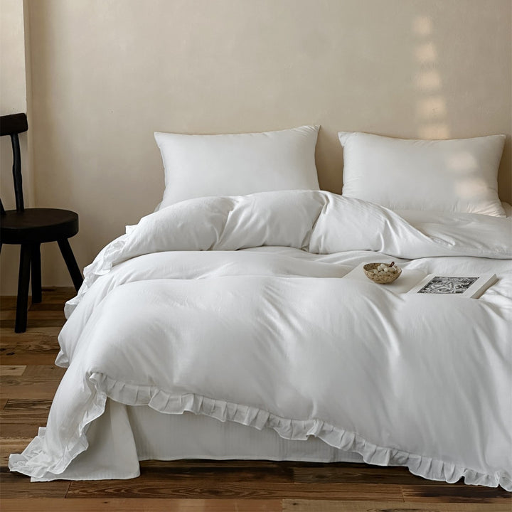 Washed Soft-Touch Ruffled-Hem Cotton-Linen Blend Duvet Cover Set with Hidden Corner Ties