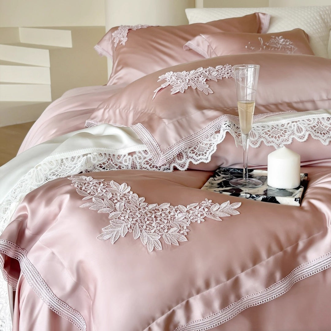 Silky Satin Duvet Ensemble with Floral Appliqué Embroidery, Scalloped Lace Border & Hidden Closure