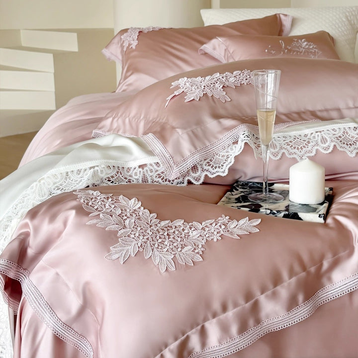 Silky Satin Duvet Ensemble with Floral Appliqué Embroidery, Scalloped Lace Border & Hidden Closure