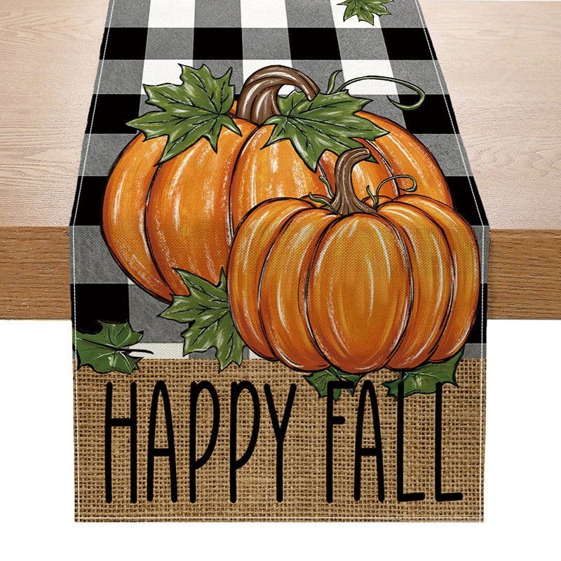 Cotton-Linen Fall Pumpkin Decorative Table Runner with 'Hello Fall' Script